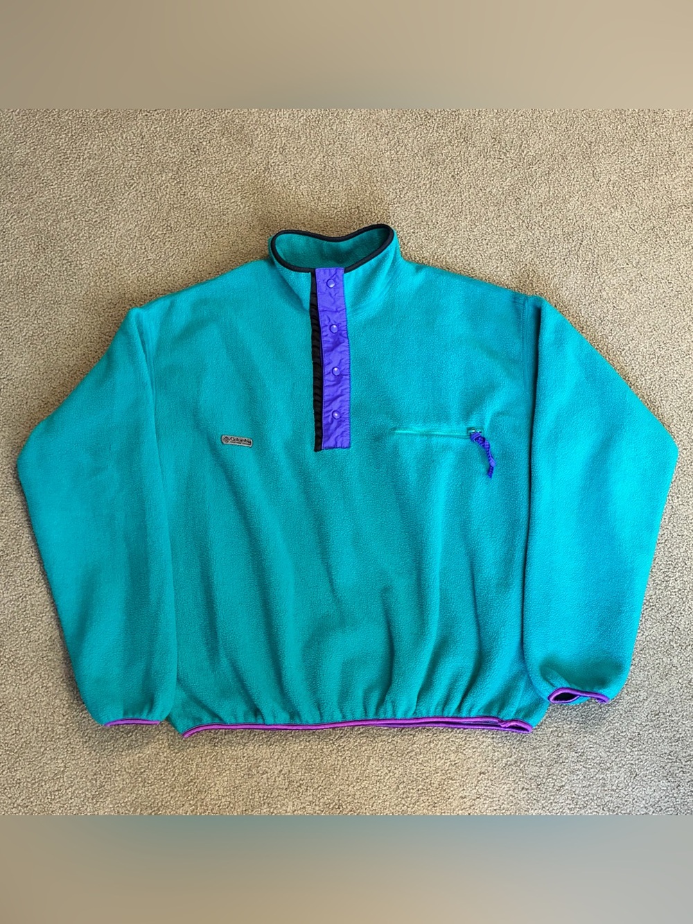 Vintage 90s Columbia Fleece Pullover Womens XL Teal Purple 1/4 Snap Sweatshirt